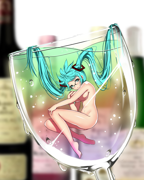aqua_eyes aqua_hair bad_id bad_pixiv_id barefoot bespectacled breasts cup drinking_glass floating_hair glasses hatsune_miku in_container in_cup large_breasts long_hair looking_at_viewer minigirl nude revision solo submerged twintails very_long_hair vocaloid wine_glass yuruto