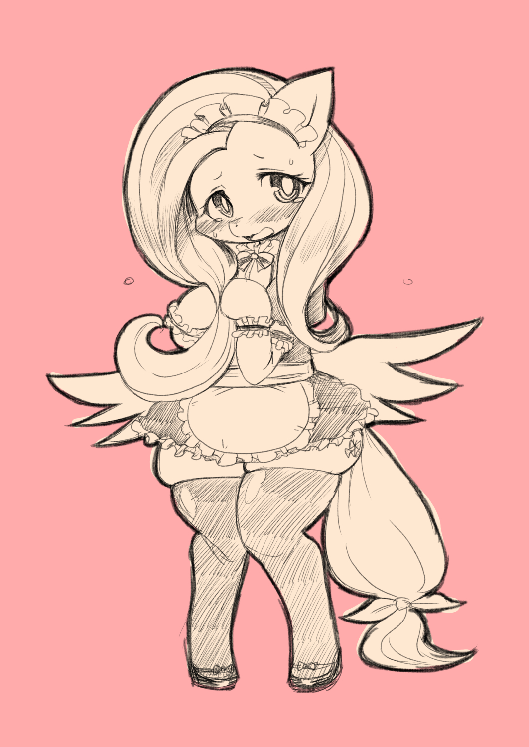 embarrassed equine female fluttershy_(mlp) friendship_is_magic horse legwear looking_at_viewer maid maid_uniform mammal my_little_pony pegasus plain_background pony shinobe shy sketch solo stockings sweat wide_hips wings