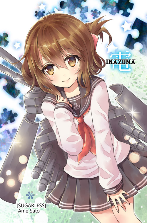 bad_id bad_pixiv_id brown_eyes brown_hair character_name folded_ponytail hair_ornament hairclip inazuma_(kantai_collection) kantai_collection long_hair sato_ame school_uniform serafuku short_hair skirt smile solo