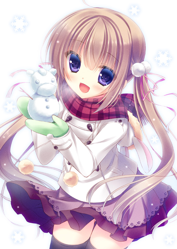 :d blue_eyes bow breath brown_hair character_request coat hair_bow hair_ornament hair_ribbon long_hair mittens open_mouth original plaid plaid_scarf red_scarf ribbon scarf skirt smile snow snowman solo thighhighs twintails yukie_(peach_candy)