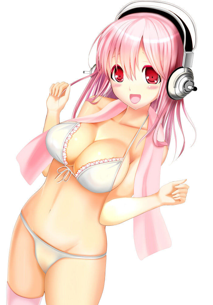 bad_id bad_pixiv_id bikini blush blush_stickers breasts cleavage front-tie_top headphones large_breasts looking_at_viewer navel nitroplus open_mouth pink_hair razuchi red_eyes smile solo strap_gap super_sonico swimsuit thighhighs towel