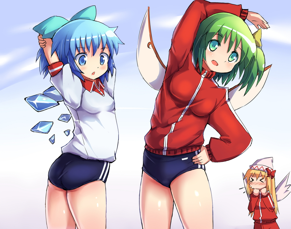&gt;_&lt; alternate_costume arm_up arms_behind_back ass blonde_hair blue_eyes blue_hair bow buruma cirno closed_eyes cloud daiyousei fairy_wings green_hair gym_uniform hair_bow hakkotsu_shitai hat hat_bow ice ice_wings jacket lily_white long_hair long_sleeves multiple_girls open_mouth shirt short_sleeves side_ponytail sneezing stretch touhou track_jacket track_suit training wings