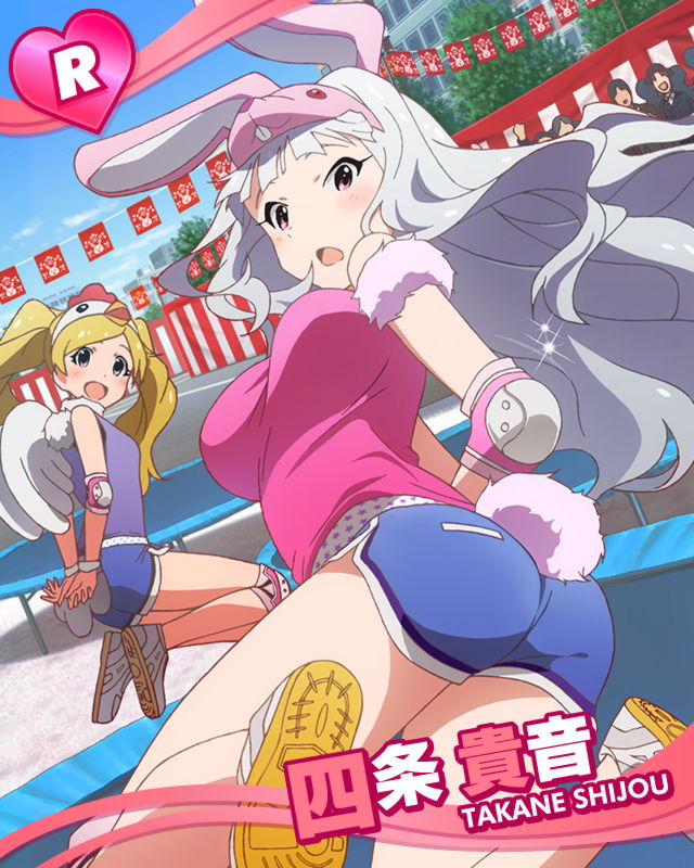 animal_ears artist_request blonde_hair bunny_ears bunny_tail character_name emily_stewart fake_wings gym_shorts idolmaster idolmaster_(classic) idolmaster_million_live! long_hair multiple_girls official_art shijou_takane shorts silver_hair tail twintails wings