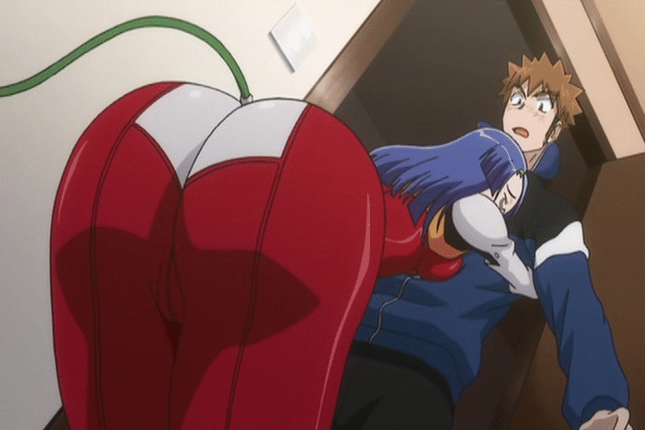 1boy 1girl animated animated_gif aresta_blanket ass ass_shake bent_over blue_hair bodysuit breast_on_chest breast_press breasts cameltoe fight_ippatsu!_juuden-chan!! glasses headband hug huge_ass latex long_hair skin_tight