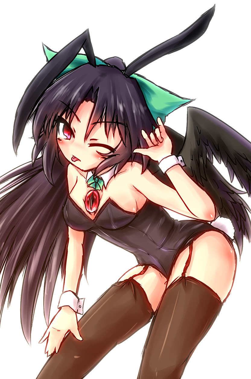 animal_ears black_hair black_wings bow bowtie breasts bunny_ears bunny_tail bunnysuit cleavage detached_collar garter_straps hair_bow highres karasuma_amiru long_hair medium_breasts one_eye_closed red_eyes reiuji_utsuho tail thighhighs tongue tongue_out touhou wings wrist_cuffs