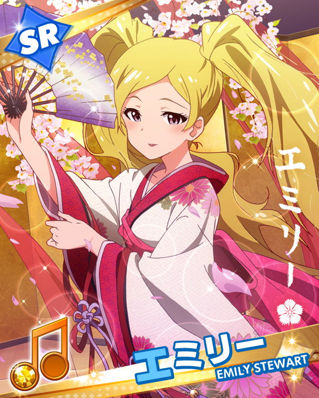 artist_request beamed_eighth_notes blonde_hair card_(medium) character_name character_signature emily_stewart fan idolmaster idolmaster_million_live! japanese_clothes kimono musical_note official_art purple_eyes twintails