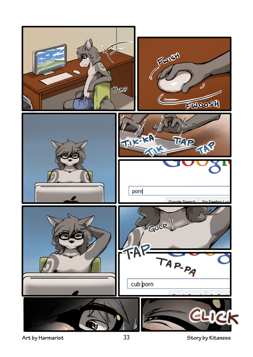 canine clothing comic computer computer_mouse cub eyewear fur furgonomics glasses google harmarist keyboard kitaness lol_comments male mammal sheath_and_knife shorts solo topless will wolf young