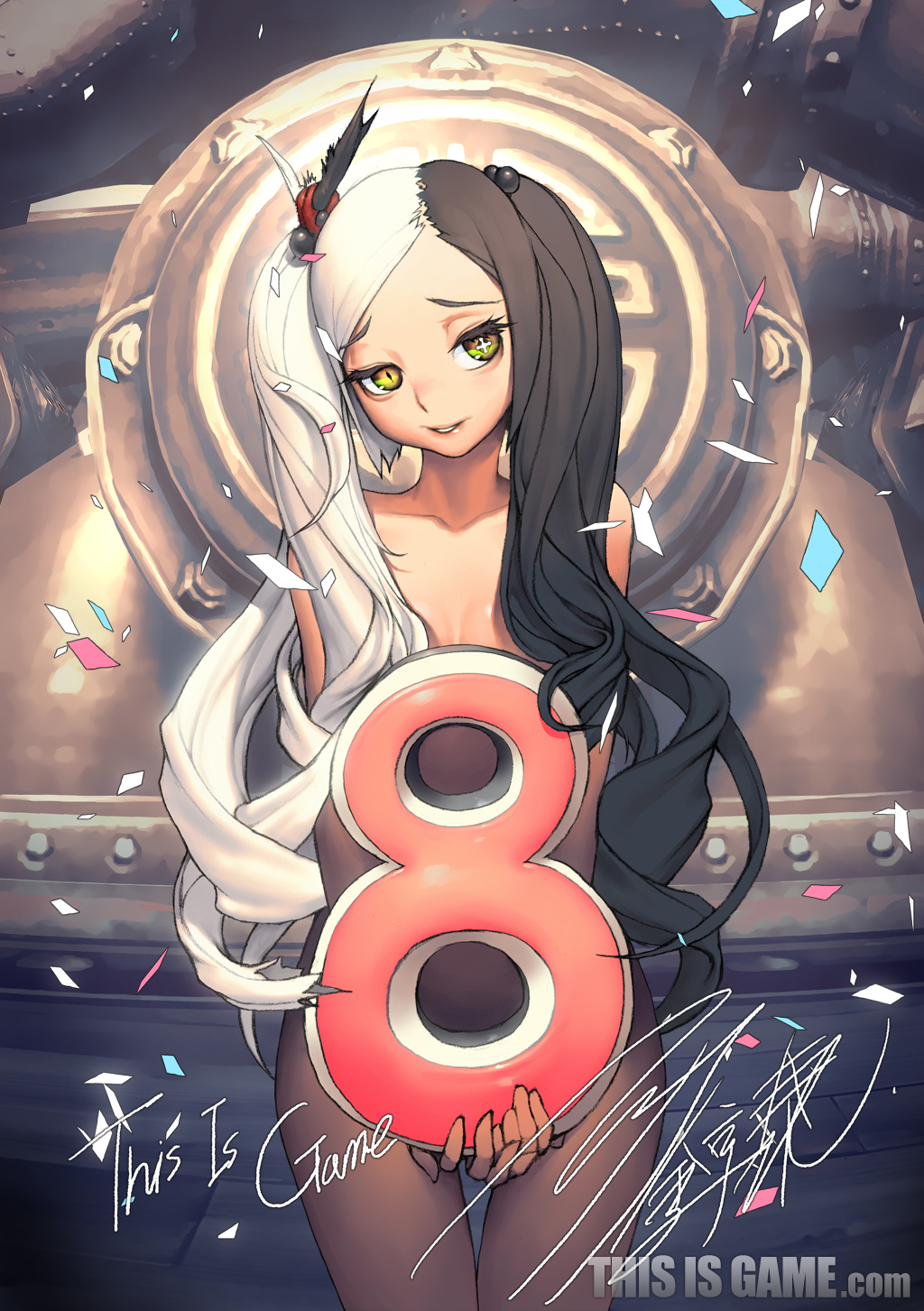 black_hair blade_&amp;_soul breasts confetti covering hair_ornament highres kim_hyung_tae long_hair multicolored_hair nude pohwaran signature small_breasts smile solo standing symbol-shaped_pupils twintails two-tone_hair watermark white_hair yellow_eyes