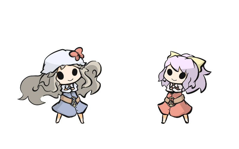 bad_id bad_pixiv_id belt black_eyes blonde_hair chibi hat long_hair multiple_girls ponytail purple_hair ribbon saku_(osake_love) siblings sisters smile solid_oval_eyes touhou watatsuki_no_toyohime watatsuki_no_yorihime