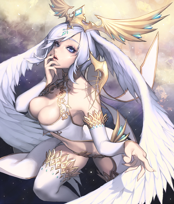 bare_shoulders breasts card_(medium) chaos_online cleavage cleavage_cutout detached_sleeves fingernails hand_to_own_mouth head_wings headpiece large_breasts lavender_eyes lavender_hair leg_up lips long_fingernails love_cacao official_art parted_lips rozamia short_hair solo source_request thighhighs white_legwear