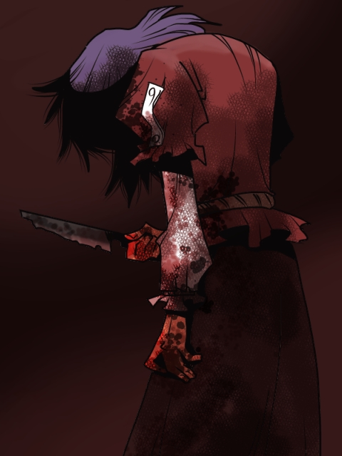 blood blood_stain bloody_clothes bloody_hands bloody_knife bloody_weapon knife obscured onikobe_rin red_background skirt touhou weapon yasaka_kanako