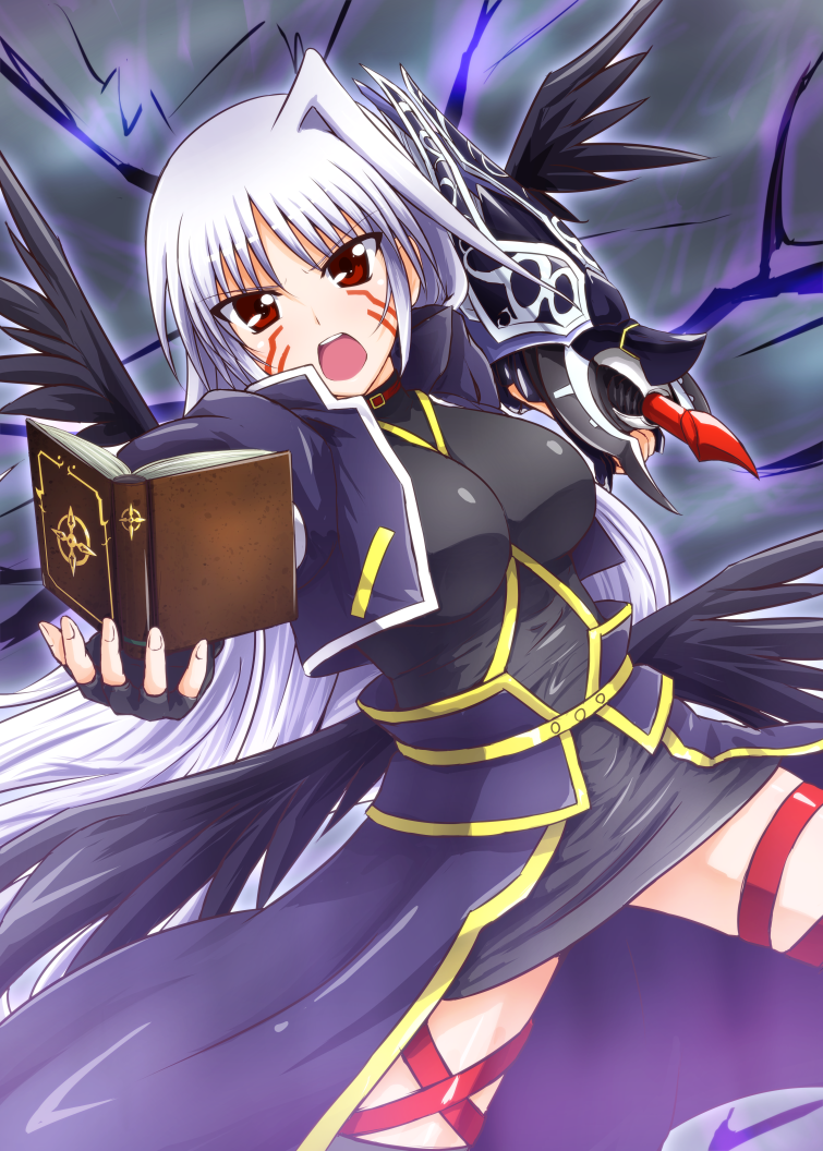 black_wings book breasts celtic_cross diesel-turbo facial_mark fingerless_gloves gloves jacket large_breasts long_hair lyrical_nanoha mahou_shoujo_lyrical_nanoha mahou_shoujo_lyrical_nanoha_a's mahou_shoujo_lyrical_nanoha_the_movie_2nd_a's multiple_wings open_mouth red_eyes reinforce silver_hair single_hair_intake skirt solo thigh_strap tome_of_the_night_sky wings