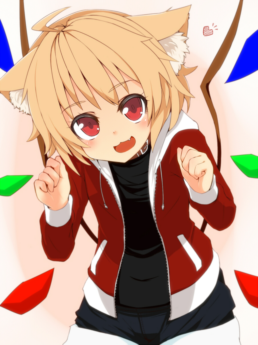 ahoge alternate_costume animal_ears blonde_hair blush cat_ears collar contemporary fang flandre_scarlet highres kemonomimi_mode looking_at_viewer mantarou_(shiawase_no_aoi_tori) open_mouth red_eyes smile solo touhou wings
