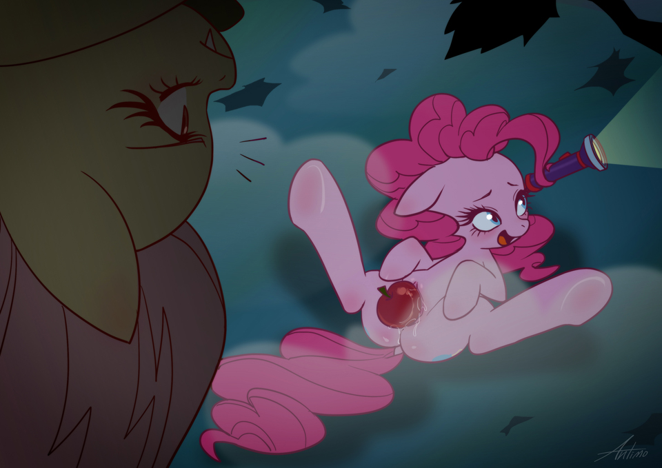 antimo apple blue_eyes duo equine female feral flutterbat_(mlp) fluttershy_(mlp) friendship_is_magic fruit fur hair horse mammal my_little_pony open_mouth outside pink_fur pink_hair pinkie_pie_(mlp) pony pussy pussy_juice spread_legs spreading yellow_fur