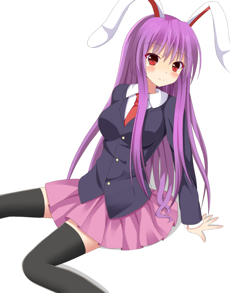 animal_ears bad_id bad_pixiv_id black_legwear blazer blush breasts bunny_ears jacket long_hair looking_at_viewer necktie pleated_skirt purple_hair red_eyes reisen_udongein_inaba ro-ichi simple_background skirt smile solo thighhighs touhou white_background
