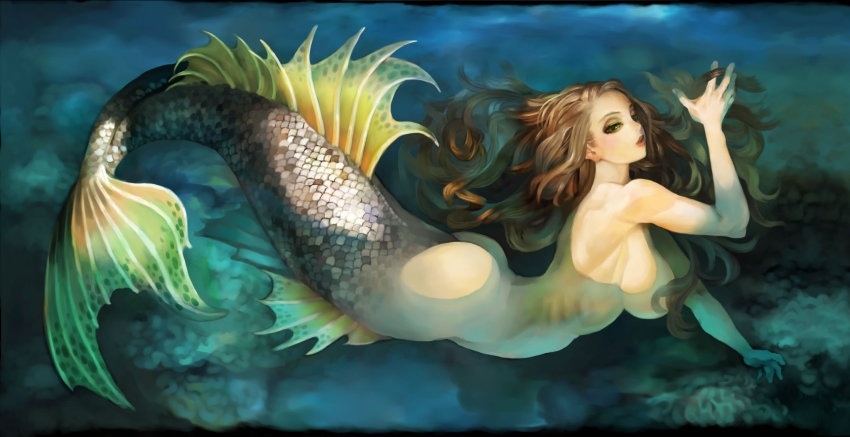 breasts brown_hair butt dragon's_crown dragon's_crown female fins fish_tail hair long_hair mermaid no_feet pose scales solo swimming unknown_artist water