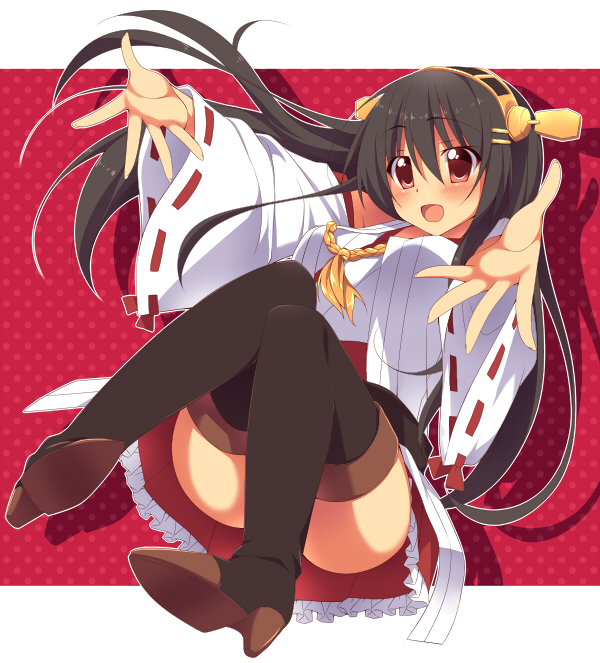 bad_id bad_pixiv_id boots brown_hair detached_sleeves hairband haruna_(kantai_collection) japanese_clothes kantai_collection long_hair nontraditional_miko oniku_(shimofuri-ke) open_mouth red_eyes solo thigh_boots thighhighs wide_sleeves