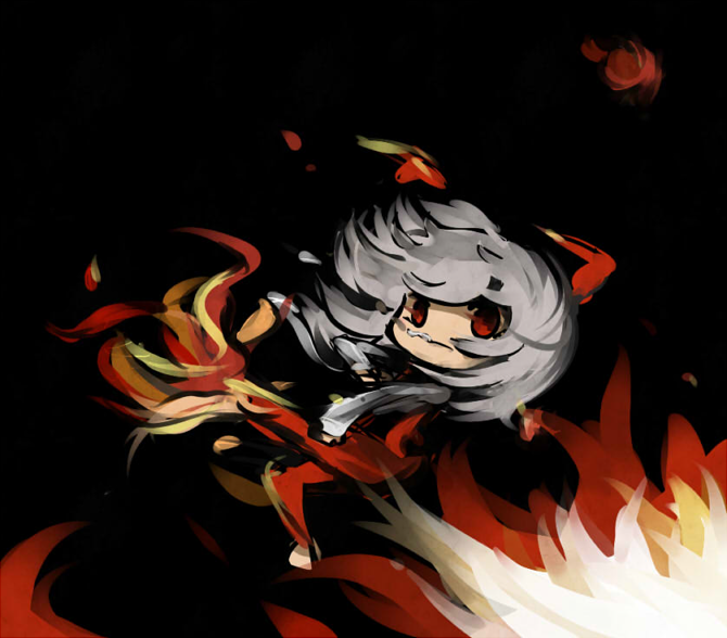 bad_id bad_pixiv_id chibi cigarette fire fujiwara_no_mokou long_hair red_eyes saku_(osake_love) silver_hair touhou