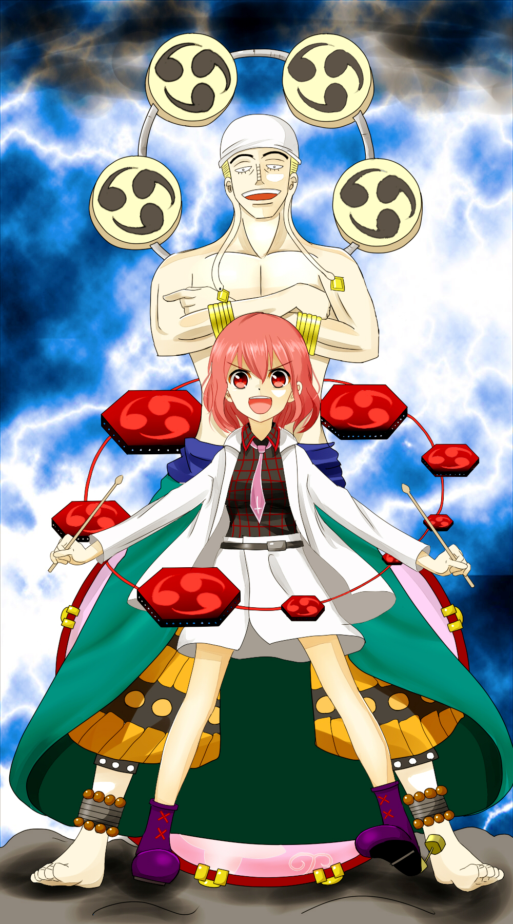 1girl barefoot blonde_hair crossed_arms crossover drum drumsticks earlobes earrings enel highres horikawa_raiko indo_(mdtanaka2007) instrument jewelry lightning mitsudomoe_(shape) necktie one_piece open_mouth power_connection red_eyes red_hair standing tomoe_(symbol) touhou