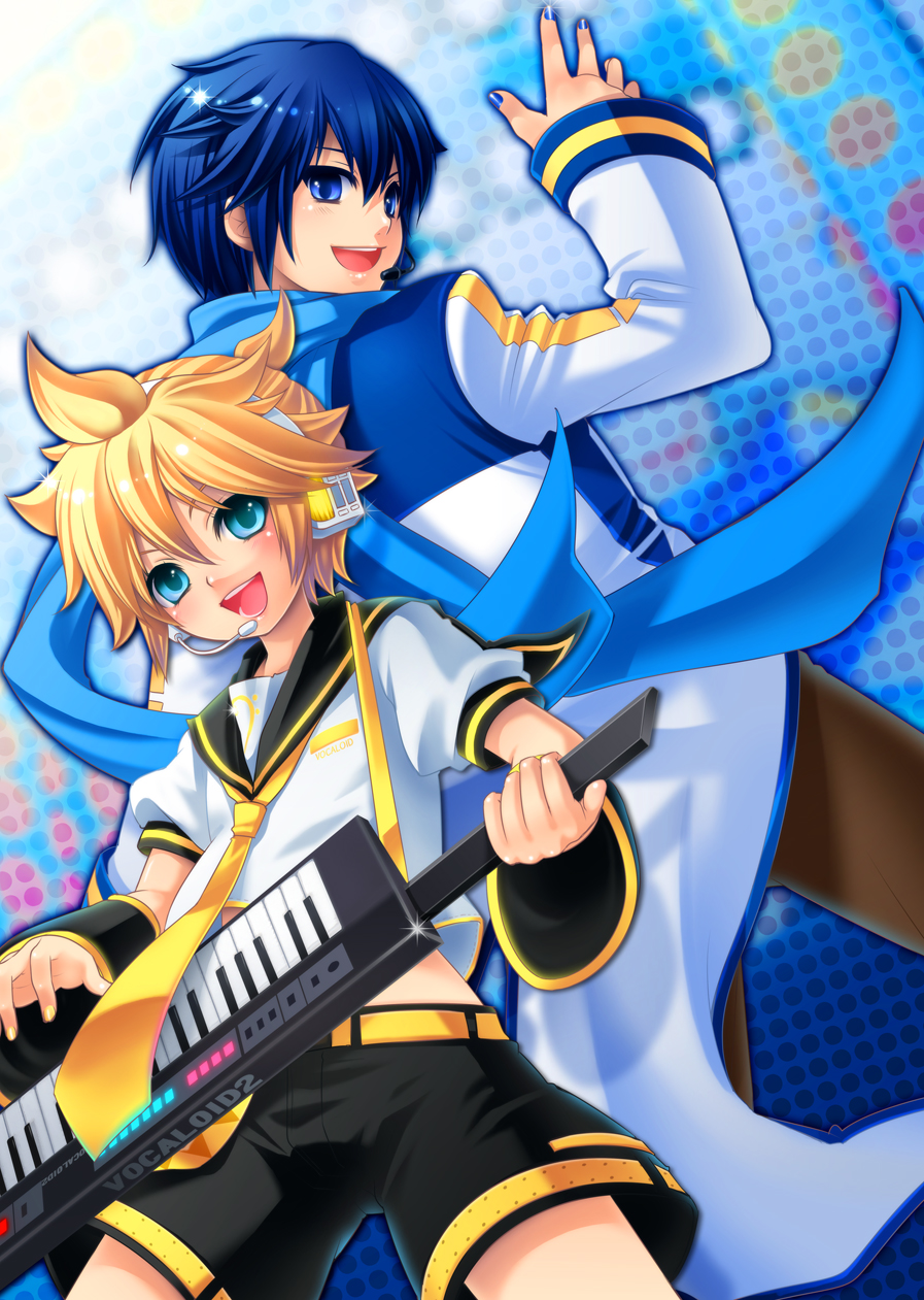 2boys character_request child headphones highres kagamine_len kaito male male_focus multiple_boys singing tamamani vocaloid