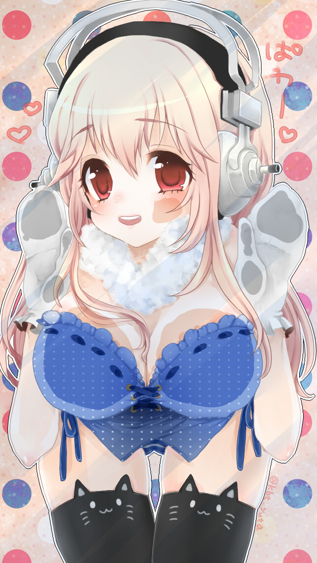 against_glass blush breasts headphones large_breasts long_hair looking_at_viewer nakamura_(mugenlism) nitroplus open_mouth pink_hair red_eyes smile solo super_sonico thighhighs