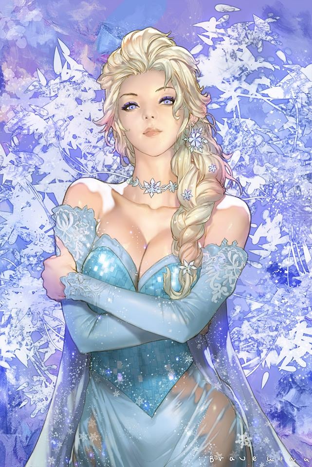 bare_shoulders blonde_hair braveking breasts cleavage detached_sleeves dress elsa_(frozen) frozen_(disney) jewelry looking_at_viewer necklace non-web_source purple_eyes see-through shiny shiny_skin snowflakes solo