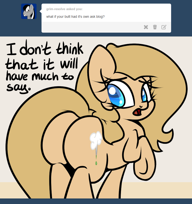 blue_eyes butt cutie_mark dialog equine eyelashes female friendship_is_magic fur horse looking_back looking_down mammal my_little_pony open_mouth pony raised_leg slavedemorto solo tan_fur tan_hair text tongue tumblr