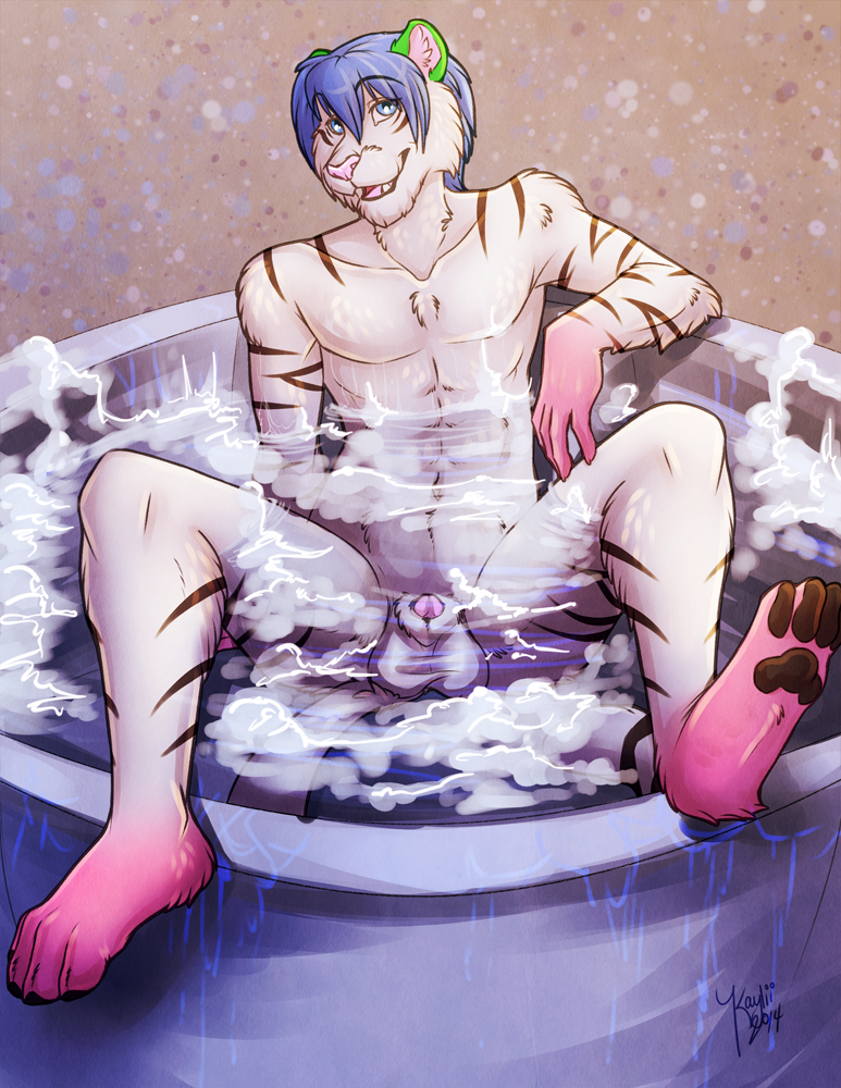 anthro balls bath bathing blue_eyes blue_hair feline hair hindpaw kaylii looking_at_viewer male mammal nude pawpads paws penis penis_tip reclining seated sheath soles solo spread_legs spreading tiger toes water white_tiger