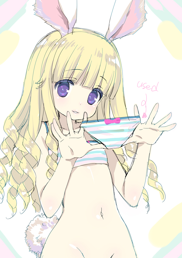 animal_ears bangs blonde_hair blunt_bangs bottomless bra drill_hair elin_(tera) emily_(pure_dream) english flat_chest groin holding holding_panties long_hair navel out-of-frame_censoring panties purple_eyes sketch smile solo sports_bra striped striped_bra striped_panties tera_online underwear underwear_only