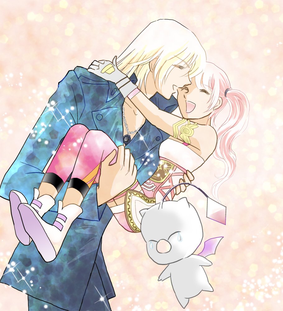 1girl 2boys armband blonde_hair carrying chococookies couple eyes_closed final_fantasy final_fantasy_xiii formal gloves happy jewelry lightning_returns:_final_fantasy_xiii long_hair mog moogle multiple_boys necklace open_mouth pink_hair princess_carry serah_farron side_ponytail smile snow_villiers sparkle suit tears