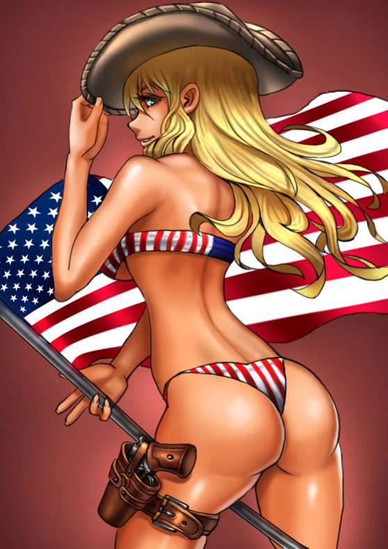 1girl adjusting_clothes adjusting_hat america american_flag american_flag_bikini aqua_eyes arm arm_up arms ass back bare_back bare_legs bare_shoulders bikini blonde_hair blue_eyes breasts cowboy_hat female flag flag_print gun hat holding legs lips long_hair looking_at_viewer looking_back midriff naughty_face original red_background smile solo standing star strapless strapless_bikini strapless_swimsuit striped striped_bikini striped_swimsuit swimsuit teeth underboob weapon western wind_lift zakusi