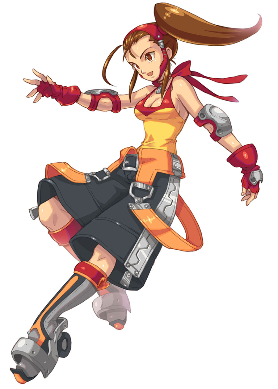 berserker_(wild_arms_xf) boots breasts brown_eyes brown_hair buckle cleavage elbow_pads fingerless_gloves fujimoto_hideaki full_body gloves highres knee_boots long_hair medium_breasts official_art roller_skates shirt shorts side_ponytail skates sleeveless sleeveless_shirt solo white_background wild_arms wild_arms_xf