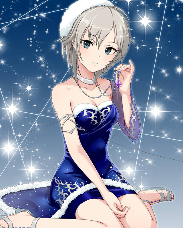 anastasia_(idolmaster) artist_request blue_eyes breasts cleavage covered_navel dress eyelashes idolmaster idolmaster_cinderella_girls jewelry jpeg_artifacts medium_breasts necklace official_art pendant short_hair silver_hair sleeveless sleeveless_dress sparkle you're_stars_shine_on_me