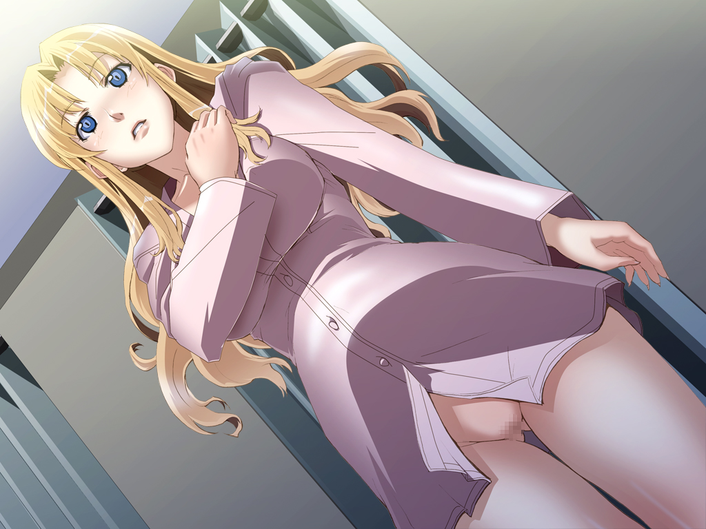 1girl blonde_hair blue_eyes blush bottomless breasts censored curtains dutch_angle from_below highres indoors large_breasts legs long_hair looking_down nightmare_express no_panties parted_lips pussy solo standing thighs
