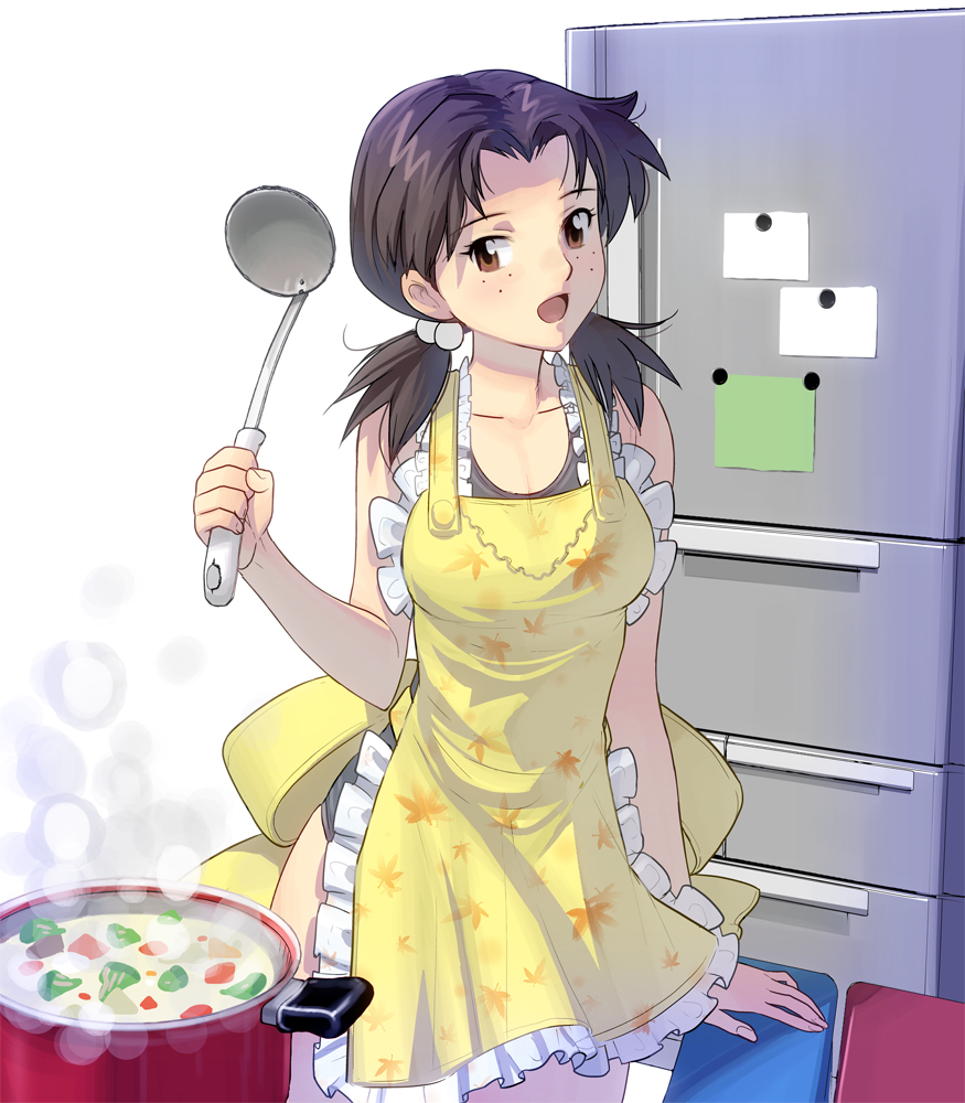 apron breasts brown_eyes brown_hair collarbone cooking cowboy_shot floral_print food freckles hair_bobbles hair_ornament horaki_hikari kitchen ladle looking_at_viewer low_twintails masao medium_breasts nearly_naked_apron neon_genesis_evangelion open_mouth pot rebuild_of_evangelion refrigerator school_swimsuit solo soup swimsuit swimsuit_under_clothes twintails