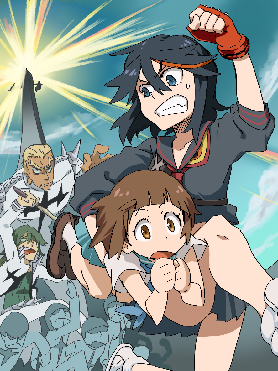 6+boys black_hair brown_hair carrying carrying_under_arm clenched_teeth fingerless_gloves gamagoori_ira gloves kill_la_kill kuroda_(nanchara_flight) mankanshoku_mako matoi_ryuuko multiple_boys multiple_girls running sanageyama_uzu school_uniform senketsu serafuku skirt teeth