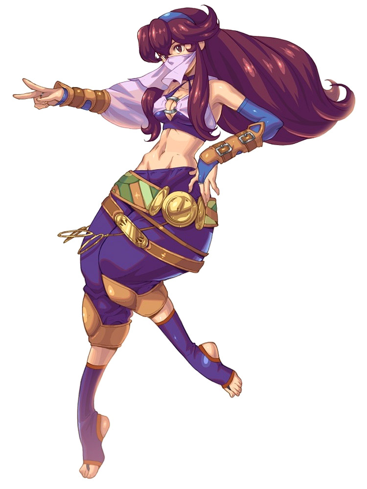 arabian_clothes barefoot belt bridal_gauntlets brown_eyes brown_hair fujimoto_hideaki full_body geomancer_(wild_arms_xf) groin hairband long_hair mask midriff navel o-ring o-ring_top official_art pants solo toeless_legwear v white_background wild_arms wild_arms_xf