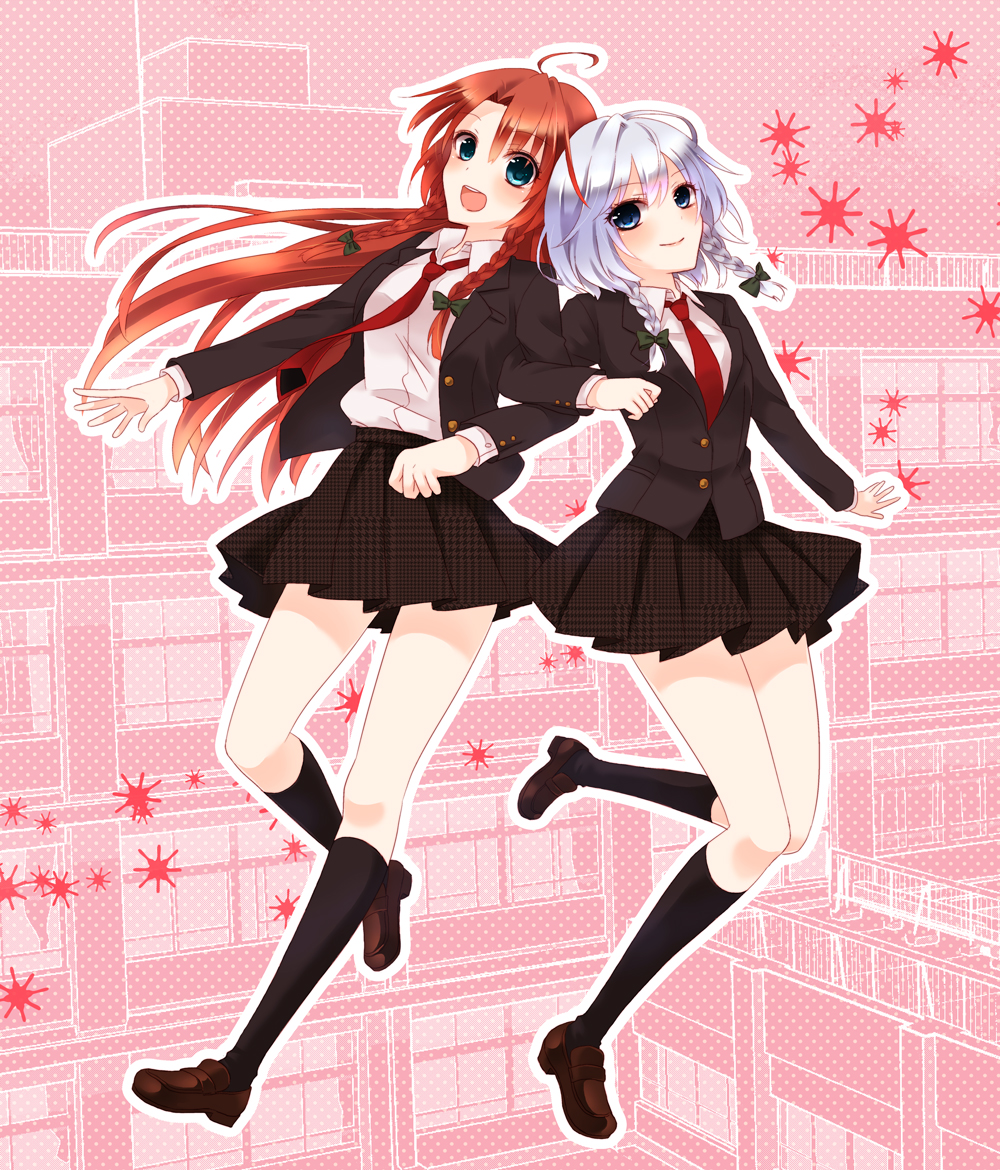 alternate_costume black_legwear blazer blue_eyes bow braid chitose_(usacan) contemporary hair_bow head_to_head hong_meiling izayoi_sakuya jacket kneehighs leg_up locked_arms long_hair multiple_girls necktie open_blazer open_clothes open_jacket open_mouth outline pink_background polka_dot polka_dot_background red_hair school school_uniform silver_hair skirt smile touhou twin_braids very_long_hair