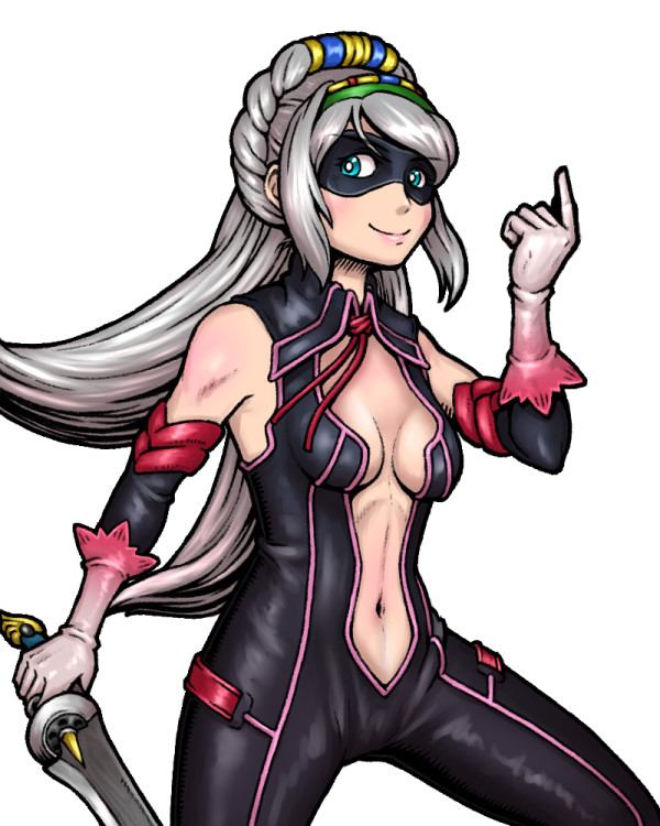 avril_vent_fleur blue_eyes bodysuit braid cleavage_cutout cosplay french_braid gloves green_hairband grey_hair hairband index_finger_raised long_hair mask navel nightstalker_(wild_arms_xf) nightstalker_(wild_arms_xf)_(cosplay) smile solo sword syensyenbui weapon white_background wild_arms wild_arms_5 wild_arms_xf