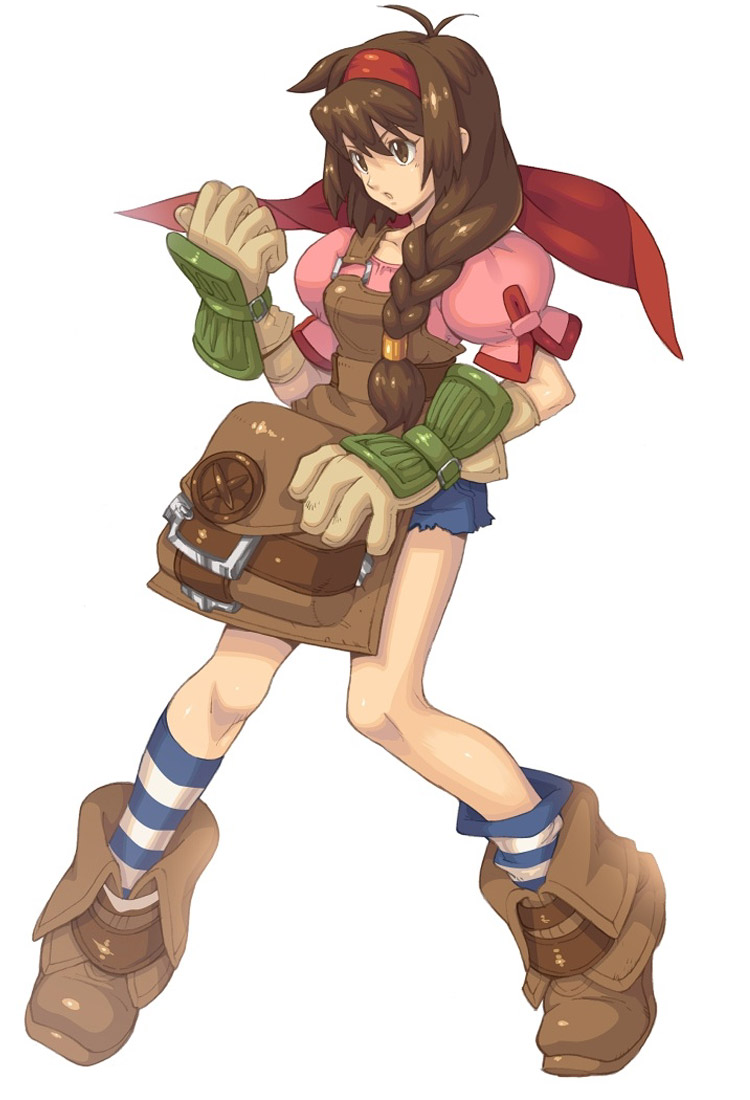bag bare_legs braid brown_eyes brown_hair fujimoto_hideaki full_body gadgeteer_(wild_arms_xf) gloves hair_over_shoulder hairband long_hair official_art overalls puffy_sleeves shoes shorts socks solo white_background wild_arms wild_arms_xf