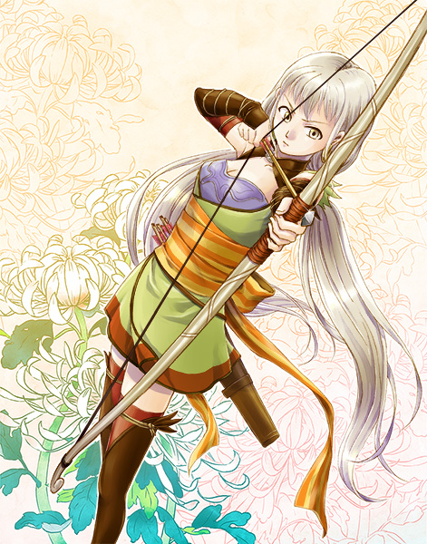 archery arrow bow_(weapon) bracer breasts detached_sleeves drawing_bow dutch_angle floral_background gensou_suikoden gensou_suikoden_tierkreis long_hair marica_(suikoden_tierkreis) medium_breasts quiver raichou54 silver_hair solo thighhighs weapon yellow_eyes zettai_ryouiki