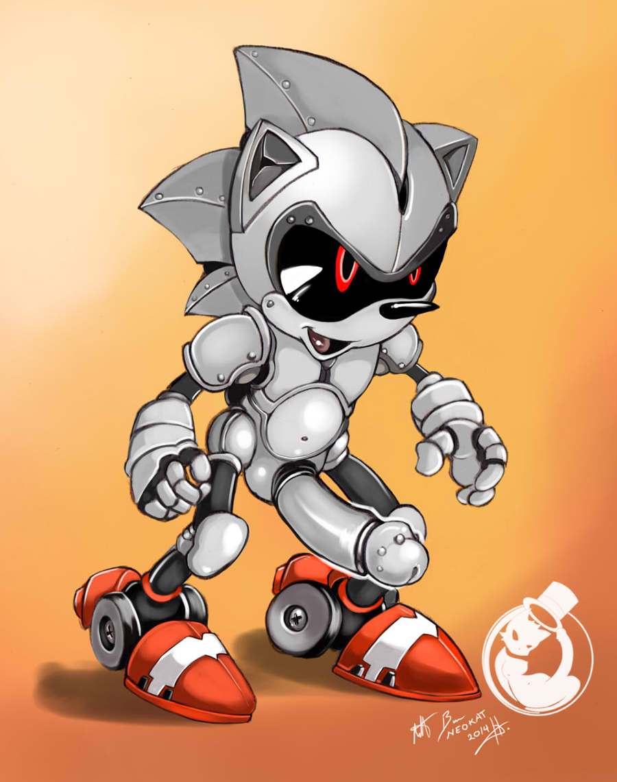4_fingers anthro balls erection happy hedgehog hi_res machine mammal mechanical metal_sonic navel neokat open_mouth orange_background penis plain_background pointy_ears pointy_nose quills red_eyes robot sega shadow shiny silver_sonic smile solo sonic_(series) standing thick_penis tongue video_games