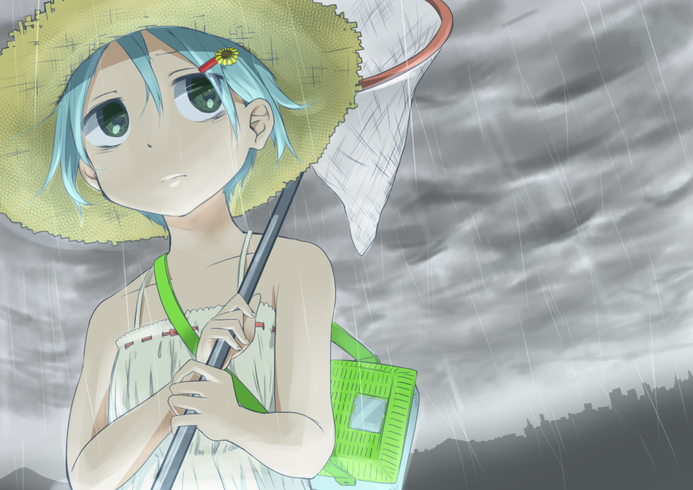 blue_hair butterfly_net cloud dress dutch_angle flower green_eyes hair_flower hair_ornament hairclip hamioura hand_net hat original rain short_hair solo straw_hat sunflower_hair_ornament