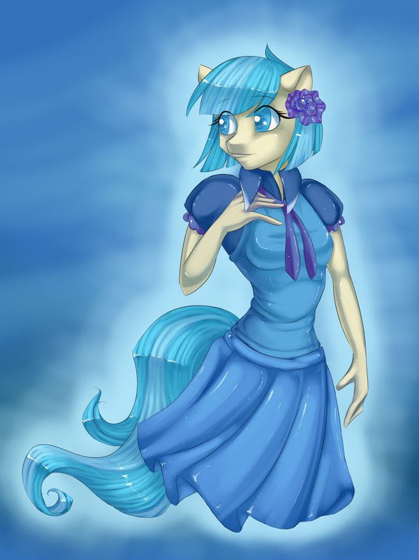 anthro anthrofied blue_eyes blue_hair blue_theme clothing coco_pommel_(mlp) dress equine female flower friendship_is_magic hair horse looking_away mammal misukitty my_little_pony pony portrit solo standing two_tone_hair