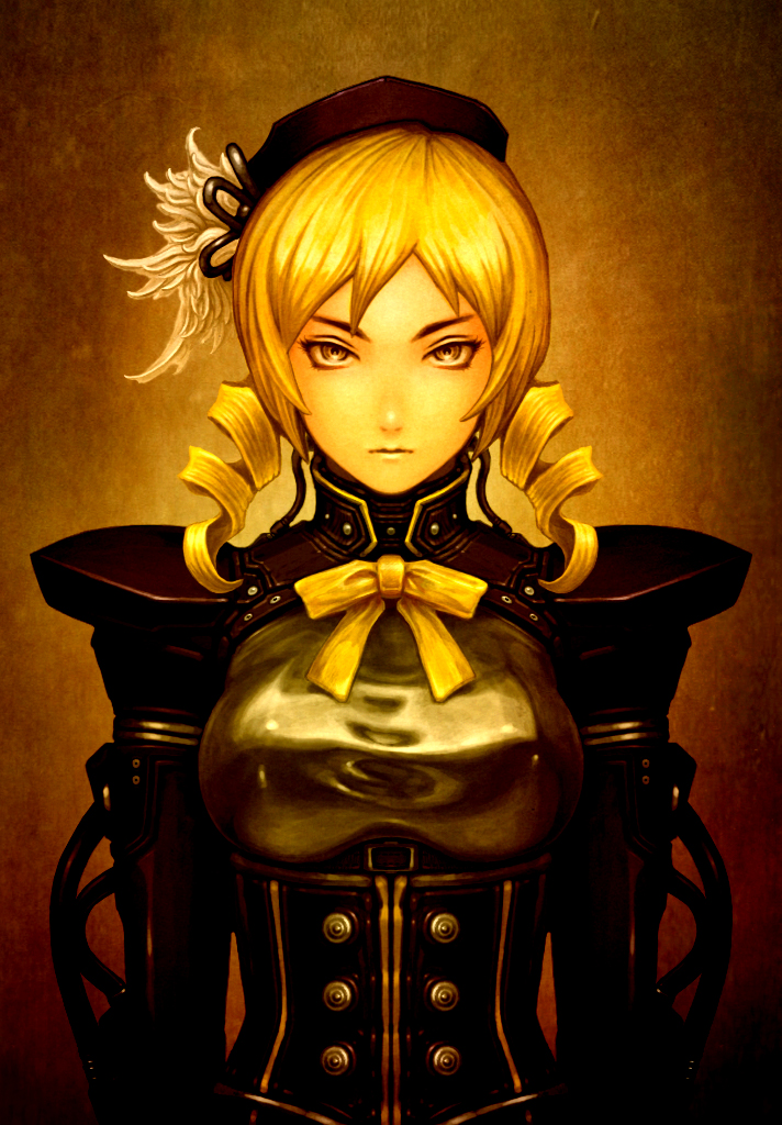 beret blonde_hair breasts commentary cyborg drill_hair eyelashes flower hair_flower hair_ornament hat katou_yuu large_breasts looking_at_viewer mahou_shoujo_madoka_magica sepia shoulder_pads solo taut_clothes tomoe_mami tsurime twin_drills twintails yellow_eyes