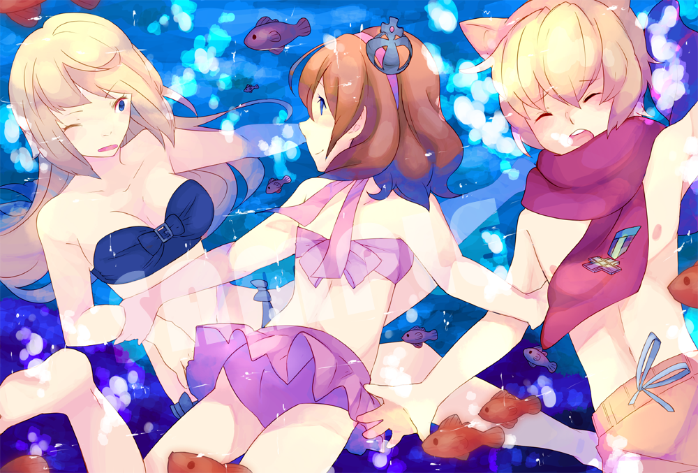 2girls ai-wa animal_ears ass bandeau bikini bikini_skirt blonde_hair blue_eyes breasts brown_hair bubble cleavage crown fish lion_ears long_hair medium_breasts mother_and_daughter multiple_girls one_eye_closed open_mouth red_hair sakutarou sample short_hair smile swimsuit umineko_no_naku_koro_ni underwater ushiromiya_maria ushiromiya_rosa