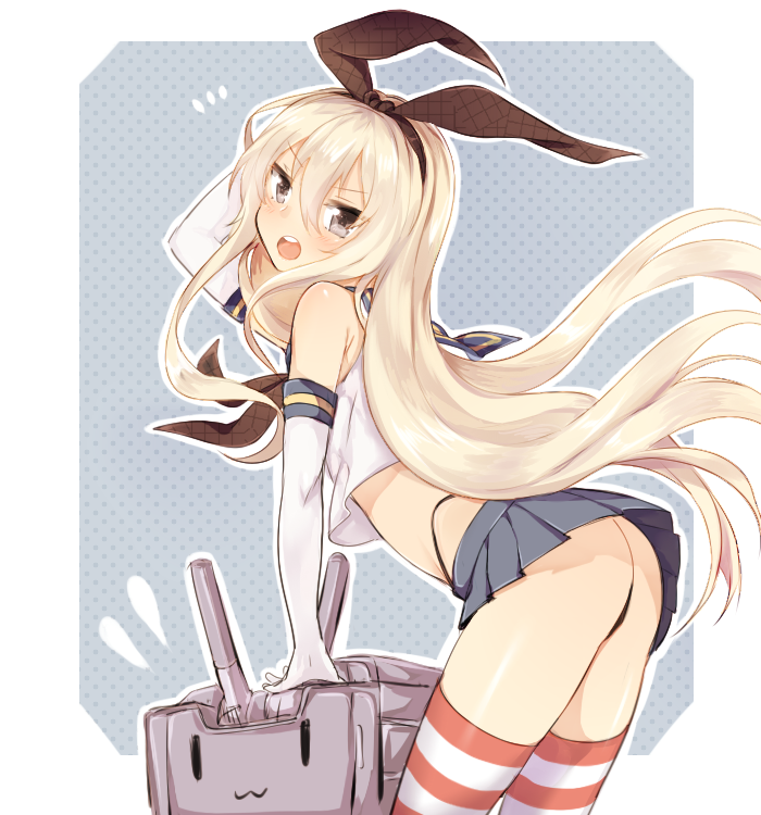 :3 ass bad_id bad_pixiv_id black_panties blonde_hair blush elbow_gloves gloves grey_eyes hairband kantai_collection long_hair looking_at_viewer mery_(apfl0515) open_mouth panties rensouhou-chan shimakaze_(kantai_collection) skirt striped striped_legwear thighhighs thong underwear white_gloves
