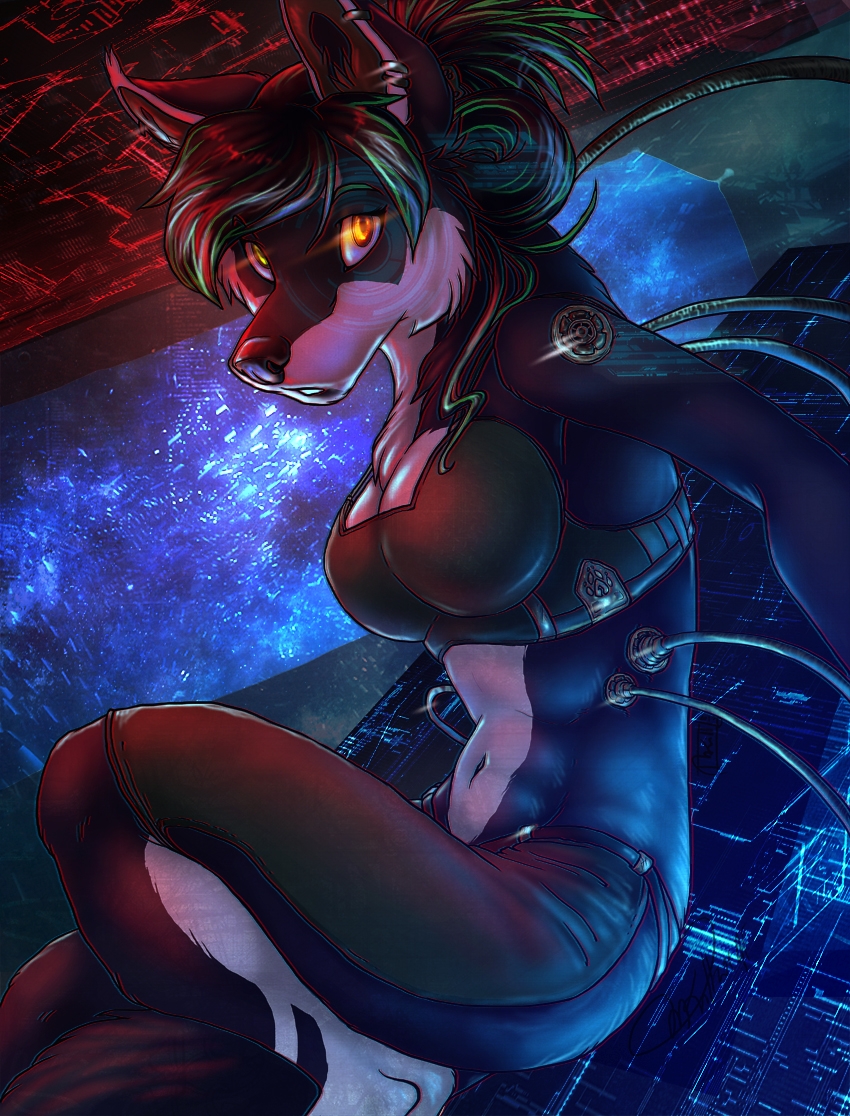 black_nose breasts cable canine clothed clothing cybernetics cyborg ear_piercing female fuckie fuckie_(character) fur glowing glowing_eyes looking_at_viewer mammal multicolor_fur navel orange_eyes piercing shirt sitting solo space two_tone_fur white_fur wolf