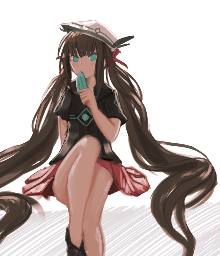 bare_legs brown_hair food green_eyes hair_ribbon hat kky legs_together long_hair original popsicle ribbon sitting skirt solo twintails very_long_hair