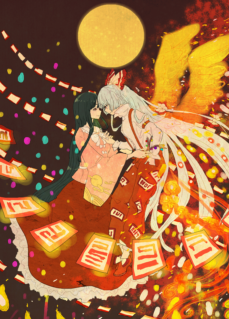 black_hair bow branch chiri_(o9o9) danmaku face-to-face fiery_wings from_side fujiwara_no_mokou full_body full_moon hair_bow hand_in_pocket highres hime_cut houraisan_kaguya japanese_clothes jeweled_branch_of_hourai long_hair long_skirt looking_at_another moon multiple_girls pants phoenix_wings popped_collar red_footwear shoes skirt smile suspenders tail touching touhou very_long_hair white_hair wings